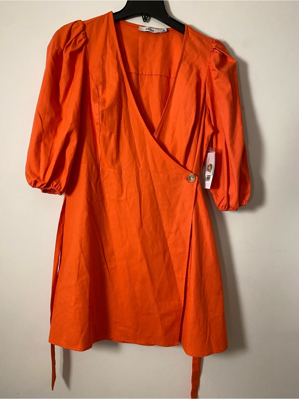 JustFab Vibrant Orange Wrap Mini Dress with Puff sleeves